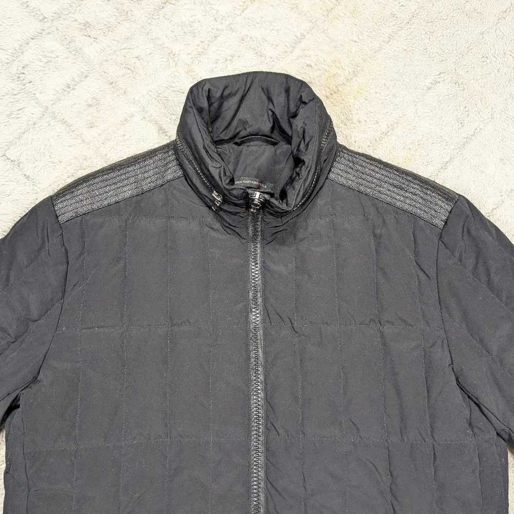 John Varvatos Jacket Mens M Black Quilted Down Puffer Full Zip Hood Moto - Picture 2 of 11
